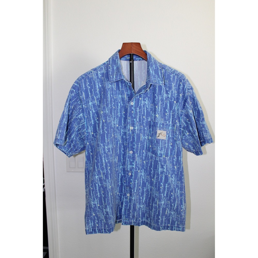 VTG Rusty Men's Medium Short Sleeve Button Up Shirt Blue Abstract Surf‎ Skate